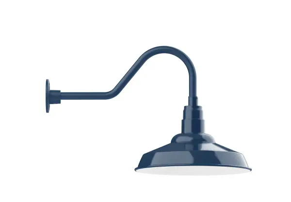 Our outdoor wall lights, inspired by 1920's industrial lighting, in classic gooseneck arm styles are great for use as sign or awning lights, garage or barn lights. This vintage look works well indoors also, our smallest sizes will illuminate a restaurant menu board, bookcase, or shelving unit. The Warehouse shade is our most popular shade style, and we offer in a large variety of sizes. Collection: Warehouse Finish: Navy Glass: 16 inch Warehouse Notes: Option (1) A19 LED and Integrated LED Width: 16.25" Height: 16.38" Length: 23.38" Weight: 8.00 lb Extension from Wall: 23.38" Canopy: 4.625" diameter Number of Bulbs: 1 Maximum Wattage: 100.00 W Bulb Type: A19 Bulb Base: E26 Medium Light Source: Incandescent or LED equivalent Dimmable Voltage: 120.00 V Country of Origin: US Safety Listing: UL/cUL Safety Rating: Wet Dark Sky LED Manufacturer Warranty: 1-year limited warranty on the fixture.
