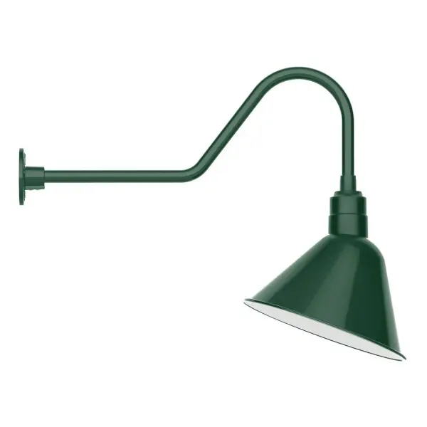 Our outdoor wall lights, inspired by 1920's industrial lighting, in classic gooseneck arm styles are great for use as sign or awning lights, garage or barn lights. This vintage look works well indoors also, our smallest sizes will illuminate a restaurant menu board, bookcase, or shelving unit. The Angle shade is designed and mounted so that it illuminates the surface to which it is mounted. Collection: Angle Finish: Forest Green Glass: 14 inch Angle Width: 14.00" Height: 23.75" Length: 31.38" Weight: 10.00 lb Extension from Wall: 31.38" Canopy: 4.625" diameter Number of Bulbs: 1 Maximum Wattage: 15.00 W Light Source: LED Light Output: 1200.00 lm Color Temperature: 2700 K CRI: 90 Dimmable Rated Average Life: 50,000 Voltage: 120.00 V Country of Origin: US Safety Listing: UL/cUL Safety Rating: Wet Dark Sky LED Manufacturer Warranty: 1-year limited warranty on the fixture.