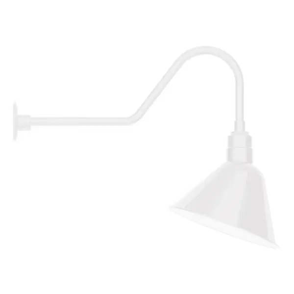Our outdoor wall lights, inspired by 1920's industrial lighting, in classic gooseneck arm styles are great for use as sign or awning lights, garage or barn lights. This vintage look works well indoors also, our smallest sizes will illuminate a restaurant menu board, bookcase, or shelving unit. The Angle shade is designed and mounted so that it illuminates the surface to which it is mounted. Collection: Angle Finish: White Glass: 14 inch Angle Notes: Option (1) A19 LED and 3-Integrated 8W, 10W, 15W Width: 14.00" Height: 23.75" Length: 31.38" Weight: 10.00 lb Extension from Wall: 31.38" Canopy: 4.625" diameter Number of Bulbs: 1 Maximum Wattage: 100.00 W Bulb Type: A19 Bulb Base: E26 Medium Light Source: Incandescent or LED equivalent Dimmable Voltage: 120.00 V Country of Origin: US Safety Listing: UL/cUL Safety Rating: Wet Dark Sky LED Manufacturer Warranty: 1-year limited warranty on the fixture.