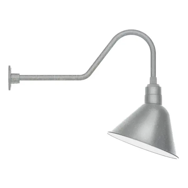 Our outdoor wall lights, inspired by 1920's industrial lighting, in classic gooseneck arm styles are great for use as sign or awning lights, garage or barn lights. This vintage look works well indoors also, our smallest sizes will illuminate a restaurant menu board, bookcase, or shelving unit. The Angle shade is designed and mounted so that it illuminates the surface to which it is mounted. Collection: Angle Finish: Painted Galvanized Glass: 14 inch Angle Width: 14.00" Height: 23.75" Length: 31.38" Weight: 10.00 lb Extension from Wall: 31.38" Canopy: 4.625" diameter Number of Bulbs: 1 Maximum Wattage: 15.00 W Light Source: LED Light Output: 1200.00 lm Color Temperature: 3000 K CRI: 90 Dimmable Rated Average Life: 50,000 Voltage: 120.00 V Country of Origin: US Safety Listing: UL/cUL Safety Rating: Wet Dark Sky LED Manufacturer Warranty: 1-year limited warranty on the fixture.