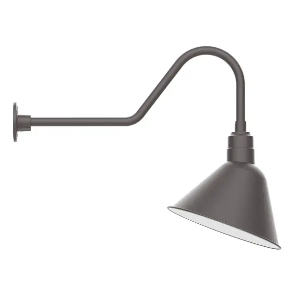 Our outdoor wall lights, inspired by 1920’s industrial lighting, in classic gooseneck arm styles are great for use as sign or awning lights, garage or barn lights. This vintage look works well indoors also, our smallest sizes will illuminate a restaurant menu board, bookcase, or shelving unit. The Angle shade is designed and mounted so that it illuminates the surface to which it is mounted.