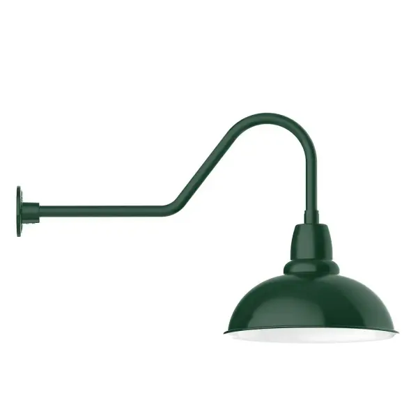 Our outdoor wall lights, inspired by 1920's industrial lighting, in classic gooseneck arm styles are great for use as sign or awning lights, garage or barn lights. This vintage look works well indoors also, our smallest sizes will illuminate a restaurant menu board, bookcase, or shelving unit. Our Cafe shades will help transform your outdoor living area into a warm and intimate gathering space. Collection: Cafe Finish: Forest Green Glass: 16 inch Cafe Width: 16.00" Height: 20.25" Length: 34.50" Weight: 4.50 lb Extension from Wall: 34.50" Canopy: 4.625" diameter Number of Bulbs: 1 Maximum Wattage: 15.00 W Light Source: LED Light Output: 1200.00 lm Color Temperature: 2700 K CRI: 90 Dimmable Rated Average Life: 50,000 Voltage: 120.00 V Country of Origin: US Safety Listing: UL/cUL Safety Rating: Wet Dark Sky LED Manufacturer Warranty: 1-year limited warranty on the fixture.
