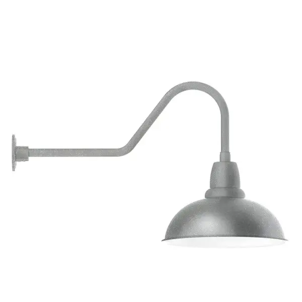 Our outdoor wall lights, inspired by 1920's industrial lighting, in classic gooseneck arm styles are great for use as sign or awning lights, garage or barn lights. This vintage look works well indoors also, our smallest sizes will illuminate a restaurant menu board, bookcase, or shelving unit. Our Cafe shades will help transform your outdoor living area into a warm and intimate gathering space. Collection: Cafe Finish: Painted Galvanized Glass: 16 inch Cafe Width: 16.00" Height: 20.25" Length: 34.50" Weight: 4.50 lb Extension from Wall: 34.50" Canopy: 4.625" diameter Number of Bulbs: 1 Maximum Wattage: 15.00 W Light Source: LED Light Output: 1200.00 lm Color Temperature: 2700 K CRI: 90 Dimmable Rated Average Life: 50,000 Voltage: 120.00 V Country of Origin: US Safety Listing: UL/cUL Safety Rating: Wet Dark Sky LED Manufacturer Warranty: 1-year limited warranty on the fixture.