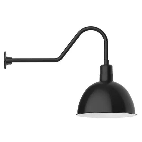 Our outdoor wall lights, inspired by 1920's industrial lighting, in classic gooseneck arm styles are great for use as sign or awning lights, garage or barn lights. This vintage look works well indoors also, our smallest sizes will illuminate a restaurant menu board, bookcase, or shelving unit. Our Deep Bowl shade, the ultimate domed reflector, is classic in shape and offers great light output. Collection: Deep Bowl Finish: Black Glass: 16 inch Deep Bowl Notes: Option (1) A19 LED and 3-Integrated 8W, 10W, 15W Width: 16.00" Height: 23.25" Length: 34.50" Weight: 4.50 lb Extension from Wall: 34.50" Canopy: 4.625" diameter Number of Bulbs: 1 Maximum Wattage: 100.00 W Bulb Type: A19 Bulb Base: E26 Medium Light Source: Incandescent or LED equivalent Dimmable Voltage: 120.00 V Country of Origin: US Safety Listing: UL/cUL Safety Rating: Wet Dark Sky LED Manufacturer Warranty: 1-year limited warranty on the fixture.