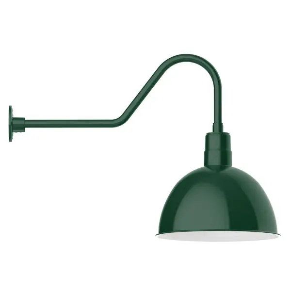 Our outdoor wall lights, inspired by 1920's industrial lighting, in classic gooseneck arm styles are great for use as sign or awning lights, garage or barn lights. This vintage look works well indoors also, our smallest sizes will illuminate a restaurant menu board, bookcase, or shelving unit. Our Deep Bowl shade, the ultimate domed reflector, is classic in shape and offers great light output. Collection: Deep Bowl Finish: Forest Green Glass: Clear Glass with Cast Guard Width: 16.00" Height: 23.25" Length: 34.50" Weight: 4.50 lb Extension from Wall: 34.50" Canopy: 4.625" diameter Number of Bulbs: 1 Maximum Wattage: 15.00 W Light Source: LED Light Output: 1200.00 lm Color Temperature: 2700 K CRI: 90 Dimmable Rated Average Life: 50,000 Voltage: 120.00 V Country of Origin: US Safety Listing: UL/cUL Safety Rating: Wet Dark Sky LED Manufacturer Warranty: 1-year limited warranty on the fixture.