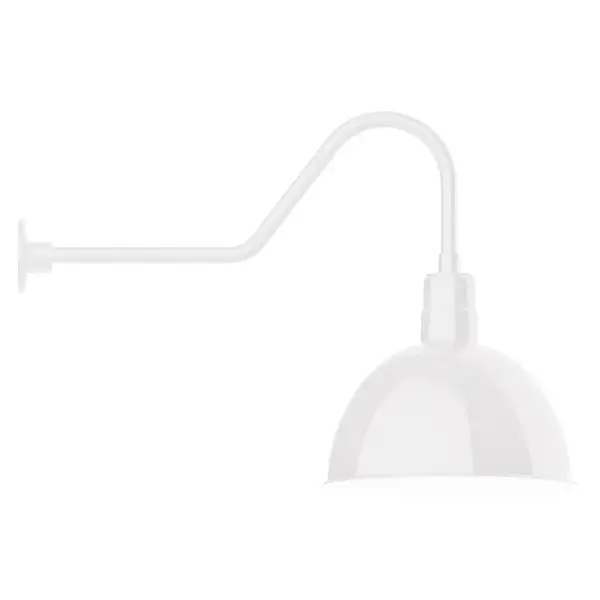 Our outdoor wall lights, inspired by 1920's industrial lighting, in classic gooseneck arm styles are great for use as sign or awning lights, garage or barn lights. This vintage look works well indoors also, our smallest sizes will illuminate a restaurant menu board, bookcase, or shelving unit. Our Deep Bowl shade, the ultimate domed reflector, is classic in shape and offers great light output. Collection: Deep Bowl Finish: White Glass: Clear Glass with Cast Guard Notes: Option (1) A19 LED and 3-Integrated 8W, 10W, 15W Width: 16.00" Height: 23.25" Length: 34.50" Weight: 4.50 lb Extension from Wall: 34.50" Canopy: 4.625" diameter Number of Bulbs: 1 Maximum Wattage: 100.00 W Bulb Type: A19 Bulb Base: E26 Medium Light Source: Incandescent or LED equivalent Dimmable Voltage: 120.00 V Country of Origin: US Safety Listing: UL/cUL Safety Rating: Wet Dark Sky LED Manufacturer Warranty: 1-year limited warranty on the fixture.