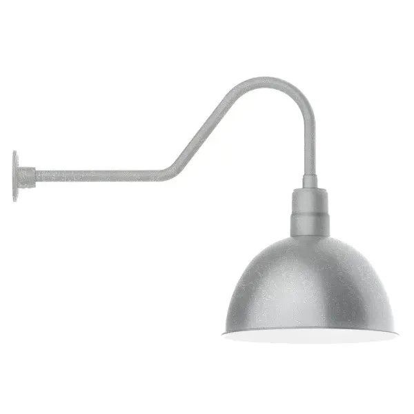 Our outdoor wall lights, inspired by 1920's industrial lighting, in classic gooseneck arm styles are great for use as sign or awning lights, garage or barn lights. This vintage look works well indoors also, our smallest sizes will illuminate a restaurant menu board, bookcase, or shelving unit. Our Deep Bowl shade, the ultimate domed reflector, is classic in shape and offers great light output. Collection: Deep Bowl Finish: Painted Galvanized Glass: Clear Glass with Cast Guard Width: 16.00" Height: 23.25" Length: 34.50" Weight: 4.50 lb Extension from Wall: 34.50" Canopy: 4.625" diameter Number of Bulbs: 1 Maximum Wattage: 15.00 W Light Source: LED Light Output: 1200.00 lm Color Temperature: 2700 K CRI: 90 Dimmable Rated Average Life: 50,000 Voltage: 120.00 V Country of Origin: US Safety Listing: UL/cUL Safety Rating: Wet Dark Sky LED Manufacturer Warranty: 1-year limited warranty on the fixture.