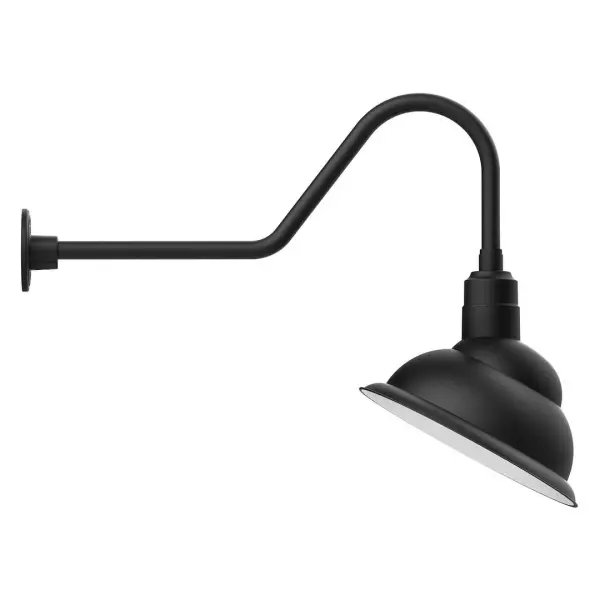 Our outdoor wall lights, inspired by 1920's industrial lighting, in classic gooseneck arm styles are great for use as sign or awning lights, garage or barn lights. This vintage look works well indoors also, our smallest sizes will illuminate a restaurant menu board, bookcase, or shelving unit. The Emblem shade is designed to illuminate the surface to which it is mounted. Collection: Emblem Finish: Black Glass: 14 inch Emblem Width: 14.00" Height: 23.50" Length: 31.38" Weight: 10.00 lb Extension from Wall: 31.38" Canopy: 4.625" diameter Number of Bulbs: 1 Maximum Wattage: 15.00 W Light Source: LED Light Output: 1200.00 lm Color Temperature: 2700 K CRI: 90 Dimmable Rated Average Life: 50,000 Voltage: 120.00 V Country of Origin: US Safety Listing: UL/cUL Safety Rating: Wet Dark Sky LED Manufacturer Warranty: 1-year limited warranty on the fixture.