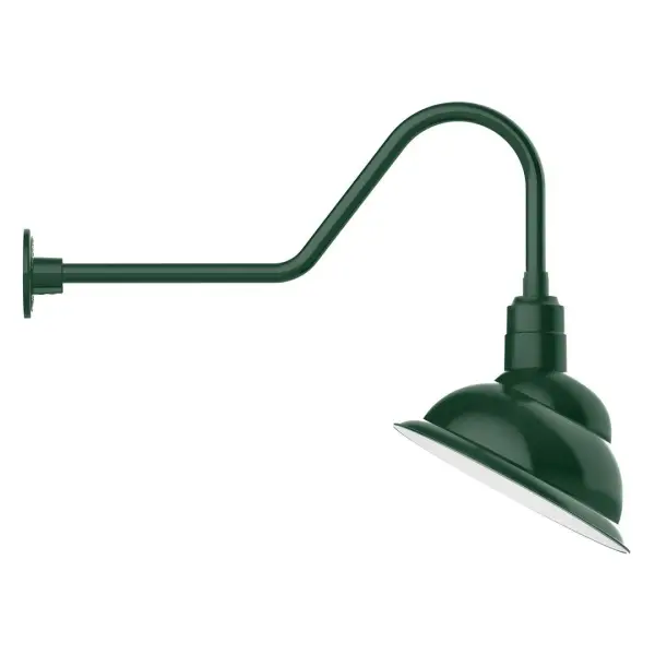 Our outdoor wall lights, inspired by 1920's industrial lighting, in classic gooseneck arm styles are great for use as sign or awning lights, garage or barn lights. This vintage look works well indoors also, our smallest sizes will illuminate a restaurant menu board, bookcase, or shelving unit. The Emblem shade is designed to illuminate the surface to which it is mounted. Collection: Emblem Finish: Forest Green Glass: 14 inch Emblem Notes: Option (1) A19 LED and 3-Integrated 8W, 10W, 15W Width: 14.00" Height: 23.50" Length: 31.38" Weight: 10.00 lb Extension from Wall: 31.38" Canopy: 4.625" diameter Number of Bulbs: 1 Maximum Wattage: 100.00 W Bulb Type: A19 Bulb Base: E26 Medium Light Source: Incandescent or LED equivalent Dimmable Voltage: 120.00 V Country of Origin: US Safety Listing: UL/cUL Safety Rating: Wet Dark Sky LED Manufacturer Warranty: 1-year limited warranty on the fixture.
