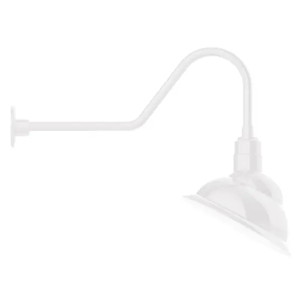 Our outdoor wall lights, inspired by 1920's industrial lighting, in classic gooseneck arm styles are great for use as sign or awning lights, garage or barn lights. This vintage look works well indoors also, our smallest sizes will illuminate a restaurant menu board, bookcase, or shelving unit. The Emblem shade is designed to illuminate the surface to which it is mounted. Collection: Emblem Finish: White Glass: 14 inch Emblem Notes: Option (1) A19 LED and 3-Integrated 8W, 10W, 15W Width: 14.00" Height: 23.50" Length: 31.38" Weight: 10.00 lb Extension from Wall: 31.38" Canopy: 4.625" diameter Number of Bulbs: 1 Maximum Wattage: 100.00 W Bulb Type: A19 Bulb Base: E26 Medium Light Source: Incandescent or LED equivalent Dimmable Voltage: 120.00 V Country of Origin: US Safety Listing: UL/cUL Safety Rating: Wet Dark Sky LED Manufacturer Warranty: 1-year limited warranty on the fixture.