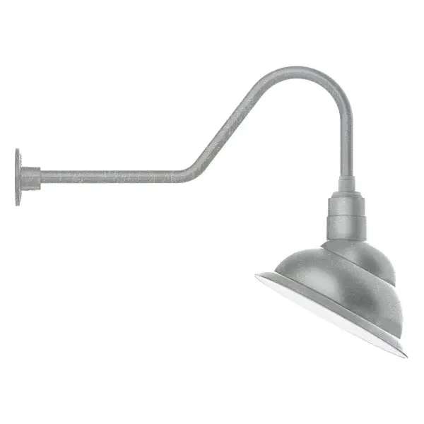 Our outdoor wall lights, inspired by 1920's industrial lighting, in classic gooseneck arm styles are great for use as sign or awning lights, garage or barn lights. This vintage look works well indoors also, our smallest sizes will illuminate a restaurant menu board, bookcase, or shelving unit. The Emblem shade is designed to illuminate the surface to which it is mounted. Collection: Emblem Finish: Painted Galvanized Glass: 14 inch Emblem Width: 14.00" Height: 23.50" Length: 31.38" Weight: 10.00 lb Extension from Wall: 31.38" Canopy: 4.625" diameter Number of Bulbs: 1 Maximum Wattage: 15.00 W Light Source: LED Light Output: 1200.00 lm Color Temperature: 2700 K CRI: 90 Dimmable Rated Average Life: 50,000 Voltage: 120.00 V Country of Origin: US Safety Listing: UL/cUL Safety Rating: Wet Dark Sky LED Manufacturer Warranty: 1-year limited warranty on the fixture.