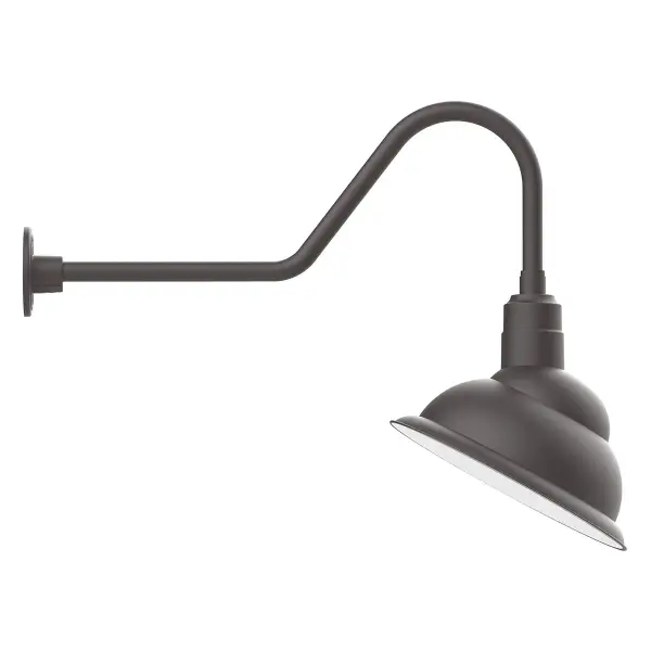 Our outdoor wall lights, inspired by 1920’s industrial lighting, in classic gooseneck arm styles are great for use as sign or awning lights, garage or barn lights. This vintage look works well indoors also, our smallest sizes will illuminate a restaurant menu board, bookcase, or shelving unit. The Emblem shade is designed to illuminate the surface to which it is mounted.