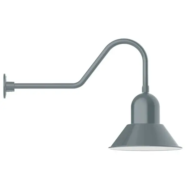 Our outdoor wall lights, inspired by 1920's industrial lighting, in classic gooseneck arm styles are great for use as sign or awning lights, garage or barn lights. This vintage look works well indoors also, our smallest sizes will illuminate a restaurant menu board, bookcase, or shelving unit. Our Prima shade is elegant and clean-lined, inspiring illumination of your beautiful view. Collection: Prima Finish: Slate Gray Glass: 14 inch Prima Width: 14.00" Height: 20.75" Length: 33.50" Weight: 10.00 lb Extension from Wall: 33.50" Canopy: 4.625" diameter Number of Bulbs: 1 Maximum Wattage: 15.00 W Bulb Type: A19 Light Source: LED Light Output: 1200.00 lm Color Temperature: 3000 K CRI: 90 Dimmable Rated Average Life: 50,000 Voltage: 120.00 V Country of Origin: US Safety Listing: UL/cUL Safety Rating: Wet Dark Sky LED Manufacturer Warranty: 1-year limited warranty on the fixture.
