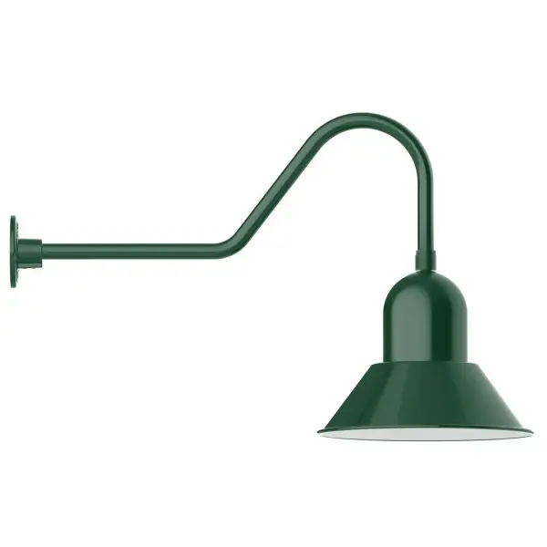 Our outdoor wall lights, inspired by 1920's industrial lighting, in classic gooseneck arm styles are great for use as sign or awning lights, garage or barn lights. This vintage look works well indoors also, our smallest sizes will illuminate a restaurant menu board, bookcase, or shelving unit. Our Prima shade is elegant and clean-lined, inspiring illumination of your beautiful view. Collection: Prima Finish: Forest Green Glass: 14 inch Prima Width: 14.00" Height: 20.75" Length: 33.50" Weight: 10.00 lb Extension from Wall: 33.50" Canopy: 4.625" diameter Number of Bulbs: 1 Maximum Wattage: 15.00 W Light Source: LED Light Output: 1200.00 lm Color Temperature: 2700 K CRI: 90 Dimmable Rated Average Life: 50,000 Voltage: 120.00 V Country of Origin: US Safety Listing: UL/cUL Safety Rating: Wet Dark Sky LED Manufacturer Warranty: 1-year limited warranty on the fixture.