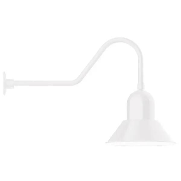 Our outdoor wall lights, inspired by 1920's industrial lighting, in classic gooseneck arm styles are great for use as sign or awning lights, garage or barn lights. This vintage look works well indoors also, our smallest sizes will illuminate a restaurant menu board, bookcase, or shelving unit. Our Prima shade is elegant and clean-lined, inspiring illumination of your beautiful view. Collection: Prima Finish: White Glass: 14 inch Prima Width: 14.00" Height: 20.75" Length: 33.50" Weight: 10.00 lb Extension from Wall: 33.50" Canopy: 4.625" diameter Number of Bulbs: 1 Maximum Wattage: 15.00 W Light Source: LED Light Output: 1200.00 lm Color Temperature: 2700 K CRI: 90 Dimmable Rated Average Life: 50,000 Voltage: 120.00 V Country of Origin: US Safety Listing: UL/cUL Safety Rating: Wet Dark Sky LED Manufacturer Warranty: 1-year limited warranty on the fixture.