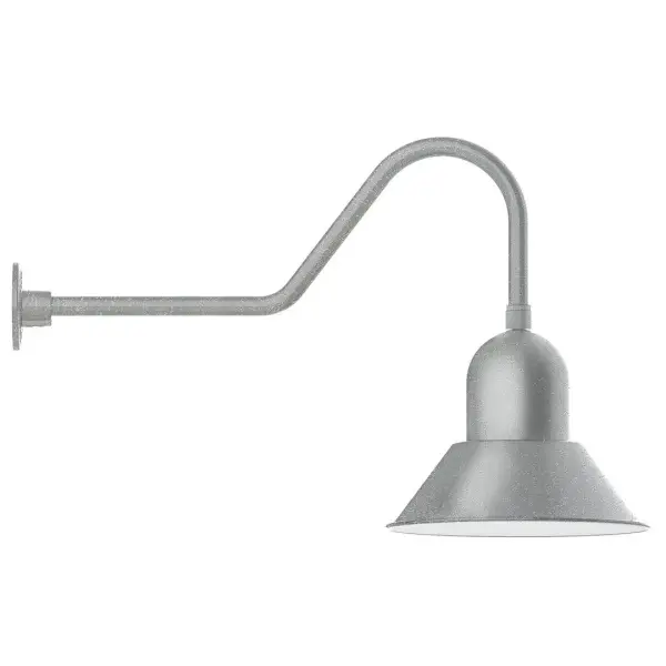 Our outdoor wall lights, inspired by 1920's industrial lighting, in classic gooseneck arm styles are great for use as sign or awning lights, garage or barn lights. This vintage look works well indoors also, our smallest sizes will illuminate a restaurant menu board, bookcase, or shelving unit. Our Prima shade is elegant and clean-lined, inspiring illumination of your beautiful view. Collection: Prima Finish: Painted Galvanized Glass: 14 inch Prima Width: 14.00" Height: 20.75" Length: 33.50" Weight: 10.00 lb Extension from Wall: 33.50" Canopy: 4.625" diameter Number of Bulbs: 1 Maximum Wattage: 15.00 W Light Source: LED Light Output: 1200.00 lm Color Temperature: 3000 K CRI: 90 Dimmable Rated Average Life: 50,000 Voltage: 120.00 V Country of Origin: US Safety Listing: UL/cUL Safety Rating: Wet Dark Sky LED Manufacturer Warranty: 1-year limited warranty on the fixture.