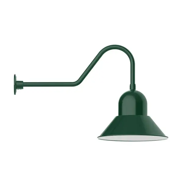 Our outdoor wall lights, inspired by 1920's industrial lighting, in classic gooseneck arm styles are great for use as sign or awning lights, garage or barn lights. This vintage look works well indoors also, our smallest sizes will illuminate a restaurant menu board, bookcase, or shelving unit. Our Prima shade is elegant and clean-lined, inspiring illumination of your beautiful view. Collection: Prima Finish: Forest Green Glass: 16 inch Prima Width: 16.00" Height: 25.50" Length: 34.50" Weight: 4.50 lb Extension from Wall: 34.50" Canopy: 4.625" diameter Number of Bulbs: 1 Maximum Wattage: 15.00 W Light Source: LED Light Output: 1200.00 lm Color Temperature: 3000 K CRI: 90 Dimmable Rated Average Life: 50,000 Voltage: 120.00 V Country of Origin: US Safety Listing: UL/cUL Safety Rating: Wet Dark Sky LED Manufacturer Warranty: 1-year limited warranty on the fixture.