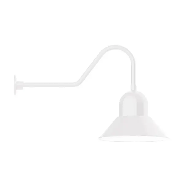 Our outdoor wall lights, inspired by 1920's industrial lighting, in classic gooseneck arm styles are great for use as sign or awning lights, garage or barn lights. This vintage look works well indoors also, our smallest sizes will illuminate a restaurant menu board, bookcase, or shelving unit. Our Prima shade is elegant and clean-lined, inspiring illumination of your beautiful view. Collection: Prima Finish: White Glass: 16 inch Prima Width: 16.00" Height: 25.50" Length: 34.50" Weight: 4.50 lb Extension from Wall: 34.50" Canopy: 4.625" diameter Number of Bulbs: 1 Maximum Wattage: 15.00 W Light Source: LED Light Output: 1200.00 lm Color Temperature: 2700 K CRI: 90 Dimmable Rated Average Life: 50,000 Voltage: 120.00 V Country of Origin: US Safety Listing: UL/cUL Safety Rating: Wet Dark Sky LED Manufacturer Warranty: 1-year limited warranty on the fixture.