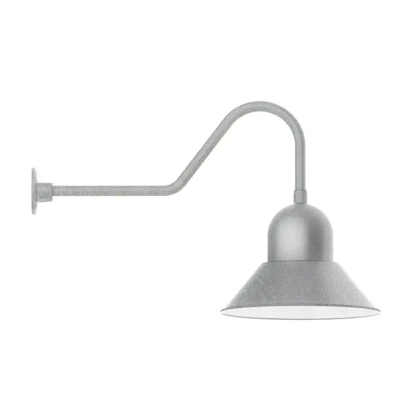 Our outdoor wall lights, inspired by 1920's industrial lighting, in classic gooseneck arm styles are great for use as sign or awning lights, garage or barn lights. This vintage look works well indoors also, our smallest sizes will illuminate a restaurant menu board, bookcase, or shelving unit. Our Prima shade is elegant and clean-lined, inspiring illumination of your beautiful view. Collection: Prima Finish: Painted Galvanized Glass: 16 inch Prima Notes: Option (1) A19 LED and 3-Integrated 8W, 10W, 15W Width: 16.00" Height: 25.50" Length: 34.50" Weight: 4.50 lb Extension from Wall: 34.50" Canopy: 4.625" diameter Number of Bulbs: 1 Maximum Wattage: 100.00 W Bulb Type: A19 Bulb Base: E26 Medium Light Source: Incandescent or LED equivalent Dimmable Voltage: 120.00 V Country of Origin: US Safety Listing: UL/cUL Safety Rating: Wet Dark Sky LED Manufacturer Warranty: 1-year limited warranty on the fixture.