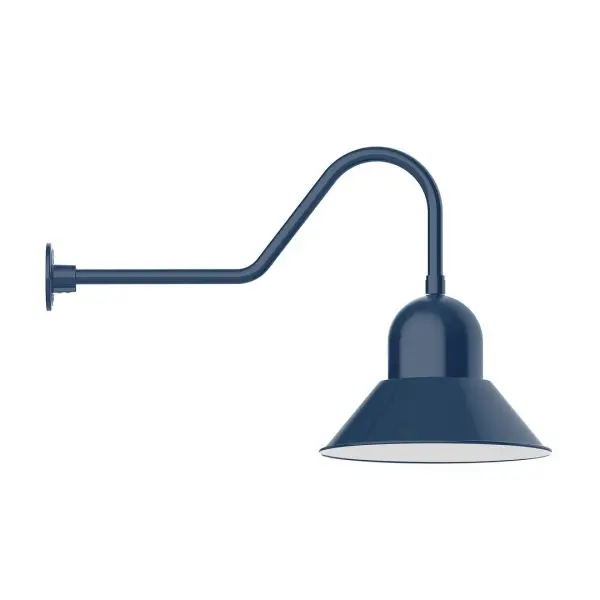 Our outdoor wall lights, inspired by 1920's industrial lighting, in classic gooseneck arm styles are great for use as sign or awning lights, garage or barn lights. This vintage look works well indoors also, our smallest sizes will illuminate a restaurant menu board, bookcase, or shelving unit. Our Prima shade is elegant and clean-lined, inspiring illumination of your beautiful view. Collection: Prima Finish: Navy Glass: 16 inch Prima Width: 16.00" Height: 25.50" Length: 34.50" Weight: 4.50 lb Extension from Wall: 34.50" Canopy: 4.625" diameter Number of Bulbs: 1 Maximum Wattage: 15.00 W Light Source: LED Light Output: 1200.00 lm Color Temperature: 2700 K CRI: 90 Dimmable Rated Average Life: 50,000 Voltage: 120.00 V Country of Origin: US Safety Listing: UL/cUL Safety Rating: Wet Dark Sky LED Manufacturer Warranty: 1-year limited warranty on the fixture.