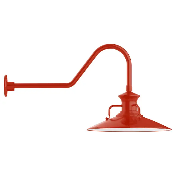 Our outdoor wall lights, inspired by 1920’s industrial lighting, in classic gooseneck arm styles are great for use as sign or awning lights, garage or barn lights. This vintage look works well indoors also, our smallest sizes will illuminate a restaurant menu board, bookcase, or shelving unit. The Homestead shade with its cap and handles, has farmhouse flair, at home over a kitchen table or a wide front porch.