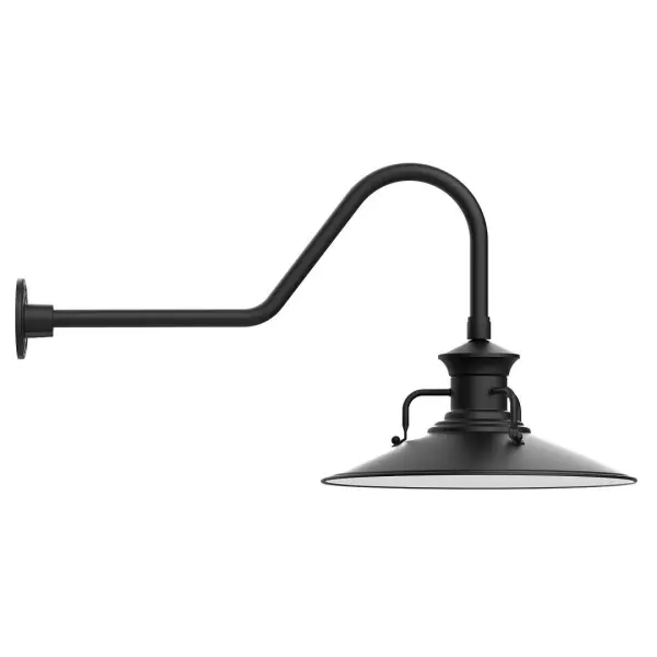 Our outdoor wall lights, inspired by 1920's industrial lighting, in classic gooseneck arm styles are great for use as sign or awning lights, garage or barn lights. This vintage look works well indoors also, our smallest sizes will illuminate a restaurant menu board, bookcase, or shelving unit. The Homestead shade with its cap and handles, has farmhouse flair, at home over a kitchen table or a wide front porch. Collection: Homestead Finish: Black Glass: 18 inch Homestead Width: 18.13" Height: 18.50" Length: 35.50" Weight: 10.00 lb Extension from Wall: 35.50" Canopy: 4.625" diameter Number of Bulbs: 1 Maximum Wattage: 15.00 W Light Source: LED Light Output: 1200.00 lm Color Temperature: 2700 K CRI: 90 Dimmable Rated Average Life: 50,000 Voltage: 120.00 V Country of Origin: US Safety Listing: UL/cUL Safety Rating: Wet Dark Sky LED Manufacturer Warranty: 1-year limited warranty on the fixture.
