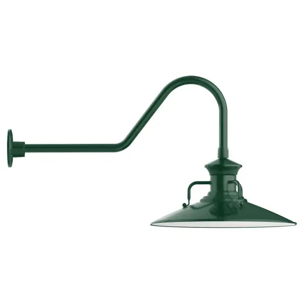 Our outdoor wall lights, inspired by 1920's industrial lighting, in classic gooseneck arm styles are great for use as sign or awning lights, garage or barn lights. This vintage look works well indoors also, our smallest sizes will illuminate a restaurant menu board, bookcase, or shelving unit. The Homestead shade with its cap and handles, has farmhouse flair, at home over a kitchen table or a wide front porch. Collection: Homestead Finish: Forest Green Glass: 18 inch Homestead Notes: Option (1) A19 LED and 3-Integrated 8W, 10W, 15W Width: 18.13" Height: 18.50" Length: 35.50" Weight: 10.00 lb Extension from Wall: 35.50" Canopy: 4.625" diameter Number of Bulbs: 1 Maximum Wattage: 100.00 W Bulb Type: A19 Bulb Base: E26 Medium Light Source: Incandescent or LED equivalent Dimmable Voltage: 120.00 V Country of Origin: US Safety Listing: UL/cUL Safety Rating: Wet Dark Sky LED Manufacturer Warranty: 1-year limited warranty on the fixture.