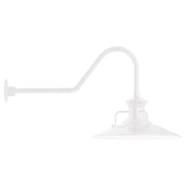 Our outdoor wall lights, inspired by 1920's industrial lighting, in classic gooseneck arm styles are great for use as sign or awning lights, garage or barn lights. This vintage look works well indoors also, our smallest sizes will illuminate a restaurant menu board, bookcase, or shelving unit. The Homestead shade with its cap and handles, has farmhouse flair, at home over a kitchen table or a wide front porch. Collection: Homestead Finish: White Glass: 18 inch Homestead Width: 18.13" Height: 18.50" Length: 35.50" Weight: 10.00 lb Extension from Wall: 35.50" Canopy: 4.625" diameter Number of Bulbs: 1 Maximum Wattage: 15.00 W Light Source: LED Light Output: 1200.00 lm Color Temperature: 3000 K CRI: 90 Dimmable Rated Average Life: 50,000 Voltage: 120.00 V Country of Origin: US Safety Listing: UL/cUL Safety Rating: Wet Dark Sky LED Manufacturer Warranty: 1-year limited warranty on the fixture.