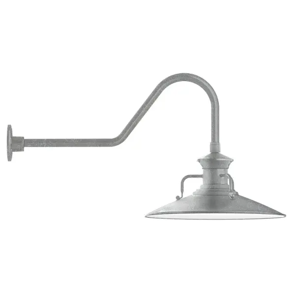 Our outdoor wall lights, inspired by 1920's industrial lighting, in classic gooseneck arm styles are great for use as sign or awning lights, garage or barn lights. This vintage look works well indoors also, our smallest sizes will illuminate a restaurant menu board, bookcase, or shelving unit. The Homestead shade with its cap and handles, has farmhouse flair, at home over a kitchen table or a wide front porch. Collection: Homestead Finish: Painted Galvanized Glass: Clear Glass with Cast Guard Notes: Option (1) A19 LED and 3-Integrated 8W, 10W, 15W Width: 18.13" Height: 18.50" Length: 35.50" Weight: 10.00 lb Extension from Wall: 35.50" Canopy: 4.625" diameter Number of Bulbs: 1 Maximum Wattage: 100.00 W Bulb Type: A19 Bulb Base: E26 Medium Light Source: Incandescent or LED equivalent Dimmable Voltage: 120.00 V Country of Origin: US Safety Listing: UL/cUL Safety Rating: Wet Dark Sky LED Manufacturer Warranty: 1-year limited warranty on the fixture.