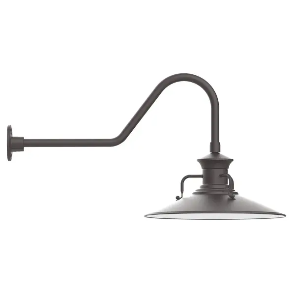 Our outdoor wall lights, inspired by 1920’s industrial lighting, in classic gooseneck arm styles are great for use as sign or awning lights, garage or barn lights. This vintage look works well indoors also, our smallest sizes will illuminate a restaurant menu board, bookcase, or shelving unit. The Homestead shade with its cap and handles, has farmhouse flair, at home over a kitchen table or a wide front porch.