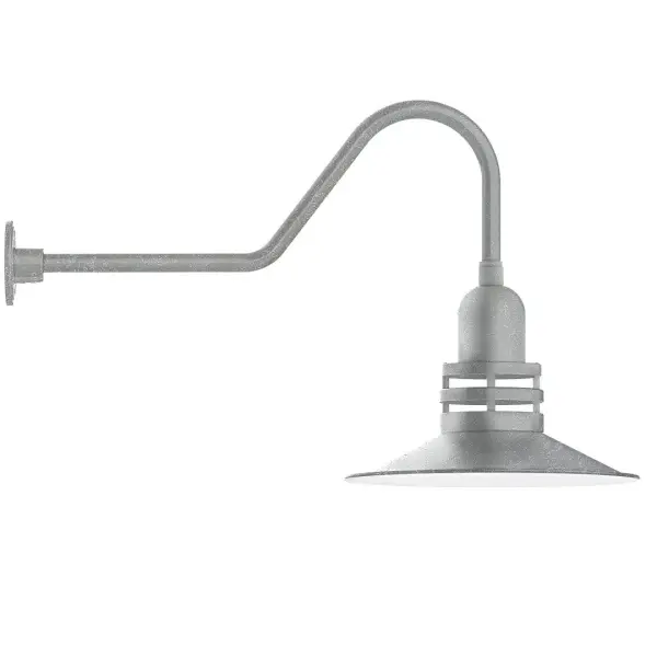 Our outdoor wall lights, inspired by 1920's industrial lighting, in classic gooseneck arm styles are great for use as sign or awning lights, garage or barn lights. This vintage look works well indoors also, our smallest sizes will illuminate a restaurant menu board, bookcase, or shelving unit. The Atomic has a great retro feel and will lighten up any space. A clear glass jar to protect bulb from the elements is a standard feature. Collection: Atomic Finish: Painted Galvanized Glass: 16 inch Atomic Notes: Option (1) A19 LED and 3-Integrated 8W, 10W, 15W Width: 16.25" Height: 20.75" Length: 34.63" Weight: 10.00 lb Extension from Wall: 34.63" Canopy: 4.625" diameter Number of Bulbs: 1 Maximum Wattage: 100.00 W Bulb Type: A19 Bulb Base: E26 Medium Light Source: Incandescent or LED equivalent Dimmable Voltage: 120.00 V Country of Origin: US Safety Listing: UL/cUL Safety Rating: Wet Dark Sky LED Manufacturer Warranty: 1-year limited warranty on the fixture.