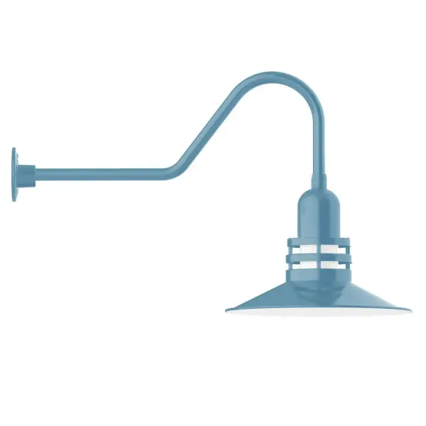 Our outdoor wall lights, inspired by 1920's industrial lighting, in classic gooseneck arm styles are great for use as sign or awning lights, garage or barn lights. This vintage look works well indoors also, our smallest sizes will illuminate a restaurant menu board, bookcase, or shelving unit. The Atomic has a great retro feel and will lighten up any space. A clear glass jar to protect bulb from the elements is a standard feature. Collection: Atomic Finish: Light Blue Glass: 16 inch Atomic Notes: Option (1) A19 LED and 3-Integrated 8W, 10W, 15W Width: 16.25" Height: 20.75" Length: 34.63" Weight: 10.00 lb Extension from Wall: 34.63" Canopy: 4.625" diameter Number of Bulbs: 1 Maximum Wattage: 100.00 W Bulb Type: A19 Bulb Base: E26 Medium Light Source: Incandescent or LED equivalent Dimmable Voltage: 120.00 V Country of Origin: US Safety Listing: UL/cUL Safety Rating: Wet Dark Sky LED Manufacturer Warranty: 1-year limited warranty on the fixture.