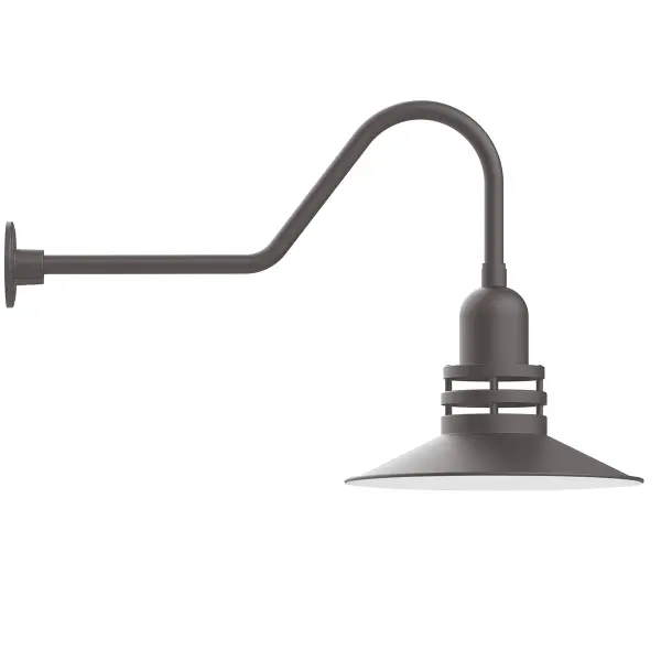 Our outdoor wall lights, inspired by 1920’s industrial lighting, in classic gooseneck arm styles are great for use as sign or awning lights, garage or barn lights. This vintage look works well indoors also, our smallest sizes will illuminate a restaurant menu board, bookcase, or shelving unit. The Atomic has a great retro feel and will lighten up any space. A clear glass jar to protect bulb from the elements is a standard feature.