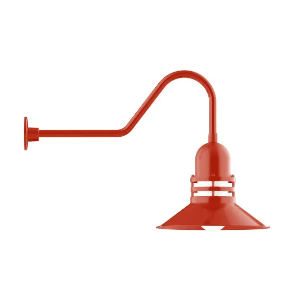 Our outdoor wall lights, inspired by 1920’s industrial lighting, in classic gooseneck arm styles are great for use as sign or awning lights, garage or barn lights. This vintage look works well indoors also, our smallest sizes will illuminate a restaurant menu board, bookcase, or shelving unit. The Atomic has a great retro feel and will lighten up any space. A clear glass jar to protect bulb from the elements is a standard feature.