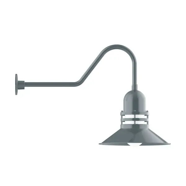 Our outdoor wall lights, inspired by 1920's industrial lighting, in classic gooseneck arm styles are great for use as sign or awning lights, garage or barn lights. This vintage look works well indoors also, our smallest sizes will illuminate a restaurant menu board, bookcase, or shelving unit. The Atomic has a great retro feel and will lighten up any space. A clear glass jar to protect bulb from the elements is a standard feature. Collection: Atomic Finish: Slate Gray Glass: 16 inch Atomic Notes: Option (1) A19 LED and 3-Integrated 8W, 10W, 15W Width: 16.00" Height: 22.25" Length: 34.50" Weight: 10.00 lb Extension from Wall: 34.50" Canopy: 4.625" diameter Number of Bulbs: 1 Maximum Wattage: 100.00 W Bulb Type: A19 Bulb Base: E26 Medium Light Source: Incandescent or LED equivalent Dimmable Voltage: 120.00 V Country of Origin: US Safety Listing: UL/cUL Safety Rating: Wet Dark Sky LED Manufacturer Warranty: 1-year limited warranty on the fixture.