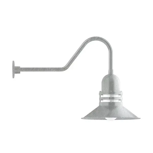 Our outdoor wall lights, inspired by 1920's industrial lighting, in classic gooseneck arm styles are great for use as sign or awning lights, garage or barn lights. This vintage look works well indoors also, our smallest sizes will illuminate a restaurant menu board, bookcase, or shelving unit. The Atomic has a great retro feel and will lighten up any space. A clear glass jar to protect bulb from the elements is a standard feature. Collection: Atomic Finish: Painted Galvanized Glass: 16 inch Atomic Notes: Option (1) A19 LED and 3-Integrated 8W, 10W, 15W Width: 16.00" Height: 22.25" Length: 34.50" Weight: 10.00 lb Extension from Wall: 34.50" Canopy: 4.625" diameter Number of Bulbs: 1 Maximum Wattage: 100.00 W Bulb Type: A19 Bulb Base: E26 Medium Light Source: Incandescent or LED equivalent Dimmable Voltage: 120.00 V Country of Origin: US Safety Listing: UL/cUL Safety Rating: Wet Dark Sky LED Manufacturer Warranty: 1-year limited warranty on the fixture.