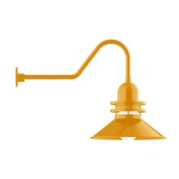 Our outdoor wall lights, inspired by 1920’s industrial lighting, in classic gooseneck arm styles are great for use as sign or awning lights, garage or barn lights. This vintage look works well indoors also, our smallest sizes will illuminate a restaurant menu board, bookcase, or shelving unit. The Atomic has a great retro feel and will lighten up any space. A clear glass jar to protect bulb from the elements is a standard feature.