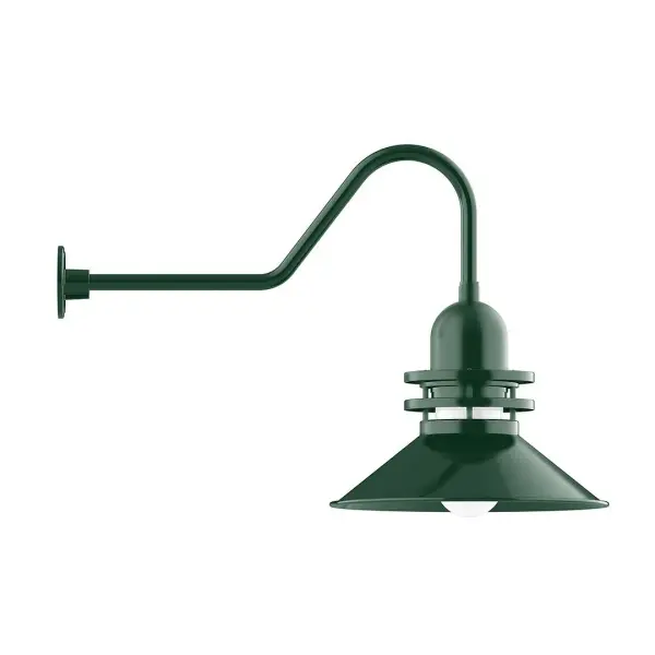 Our outdoor wall lights, inspired by 1920's industrial lighting, in classic gooseneck arm styles are great for use as sign or awning lights, garage or barn lights. This vintage look works well indoors also, our smallest sizes will illuminate a restaurant menu board, bookcase, or shelving unit. The Atomic has a great retro feel and will lighten up any space. A clear glass jar to protect bulb from the elements is a standard feature. Collection: Atomic Finish: Forest Green Glass: 18 inch Atomic Notes: Option (1) A19 LED and 4-Integrated 8W, 10W, 15W, 25 Width: 18.00" Height: 23.38" Length: 35.50" Weight: 10.00 lb Extension from Wall: 35.50" Canopy: 4.625" diameter Number of Bulbs: 1 Maximum Wattage: 200.00 W Bulb Type: A19 Bulb Base: E26 Medium Light Source: Incandescent or LED equivalent Dimmable Voltage: 120.00 V Country of Origin: US Safety Listing: UL/cUL Safety Rating: Wet Dark Sky LED Manufacturer Warranty: 1-year limited warranty on the fixture.