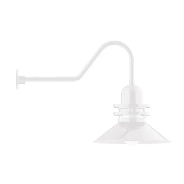 Our outdoor wall lights, inspired by 1920's industrial lighting, in classic gooseneck arm styles are great for use as sign or awning lights, garage or barn lights. This vintage look works well indoors also, our smallest sizes will illuminate a restaurant menu board, bookcase, or shelving unit. The Atomic has a great retro feel and will lighten up any space. A clear glass jar to protect bulb from the elements is a standard feature. Collection: Atomic Finish: White Glass: 18 inch Atomic Notes: Option (1) A19 LED and 4-Integrated 8W, 10W, 15W, 25 Width: 18.00" Height: 23.38" Length: 35.50" Weight: 10.00 lb Extension from Wall: 35.50" Canopy: 4.625" diameter Number of Bulbs: 1 Maximum Wattage: 200.00 W Bulb Type: A19 Bulb Base: E26 Medium Light Source: Incandescent or LED equivalent Dimmable Voltage: 120.00 V Country of Origin: US Safety Listing: UL/cUL Safety Rating: Wet Dark Sky LED Manufacturer Warranty: 1-year limited warranty on the fixture.