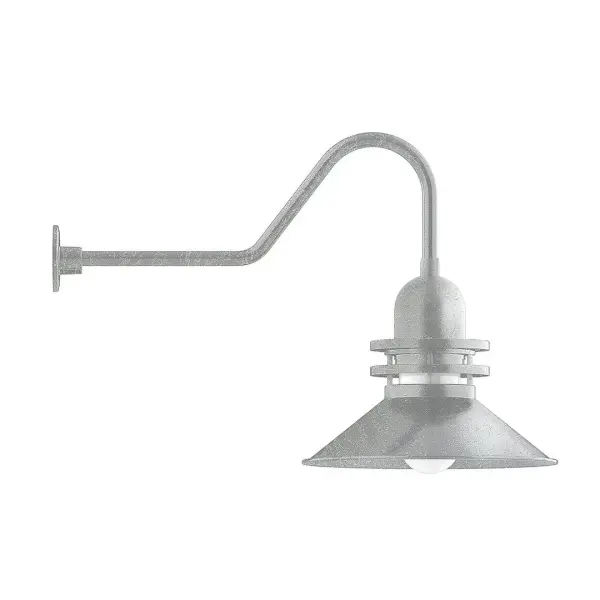 Our outdoor wall lights, inspired by 1920's industrial lighting, in classic gooseneck arm styles are great for use as sign or awning lights, garage or barn lights. This vintage look works well indoors also, our smallest sizes will illuminate a restaurant menu board, bookcase, or shelving unit. The Atomic has a great retro feel and will lighten up any space. A clear glass jar to protect bulb from the elements is a standard feature. Collection: Atomic Finish: Painted Galvanized Glass: 18 inch Atomic Notes: Option (1) A19 LED and 4-Integrated 8W, 10W, 15W, 25 Width: 18.00" Height: 23.38" Length: 35.50" Weight: 10.00 lb Extension from Wall: 35.50" Canopy: 4.625" diameter Number of Bulbs: 1 Maximum Wattage: 200.00 W Bulb Type: A19 Bulb Base: E26 Medium Light Source: Incandescent or LED equivalent Dimmable Voltage: 120.00 V Country of Origin: US Safety Listing: UL/cUL Safety Rating: Wet Dark Sky LED Manufacturer Warranty: 1-year limited warranty on the fixture.