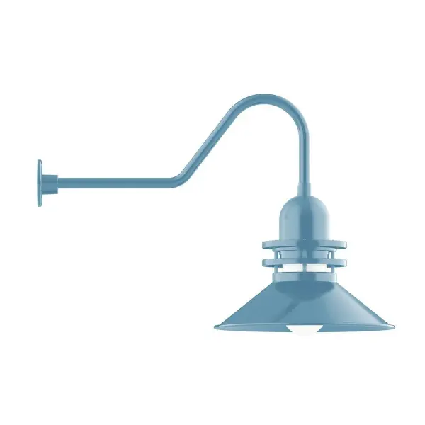 Our outdoor wall lights, inspired by 1920's industrial lighting, in classic gooseneck arm styles are great for use as sign or awning lights, garage or barn lights. This vintage look works well indoors also, our smallest sizes will illuminate a restaurant menu board, bookcase, or shelving unit. The Atomic has a great retro feel and will lighten up any space. A clear glass jar to protect bulb from the elements is a standard feature. Collection: Atomic Finish: Light Blue Glass: 18 inch Atomic Notes: Option (1) A19 LED and 4-Integrated 8W, 10W, 15W, 25 Width: 18.00" Height: 23.38" Length: 35.50" Weight: 10.00 lb Extension from Wall: 35.50" Canopy: 4.625" diameter Number of Bulbs: 1 Maximum Wattage: 200.00 W Bulb Type: A19 Bulb Base: E26 Medium Light Source: Incandescent or LED equivalent Dimmable Voltage: 120.00 V Country of Origin: US Safety Listing: UL/cUL Safety Rating: Wet Dark Sky LED Manufacturer Warranty: 1-year limited warranty on the fixture.