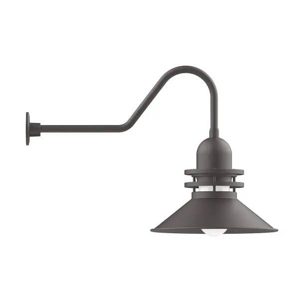 Our outdoor wall lights, inspired by 1920’s industrial lighting, in classic gooseneck arm styles are great for use as sign or awning lights, garage or barn lights. This vintage look works well indoors also, our smallest sizes will illuminate a restaurant menu board, bookcase, or shelving unit. The Atomic has a great retro feel and will lighten up any space. A clear glass jar to protect bulb from the elements is a standard feature.