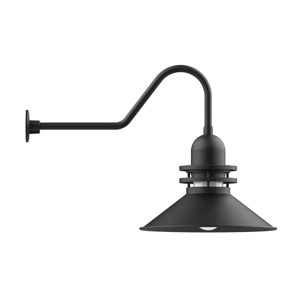 Our outdoor wall lights, inspired by 1920's industrial lighting, in classic gooseneck arm styles are great for use as sign or awning lights, garage or barn lights. This vintage look works well indoors also, our smallest sizes will illuminate a restaurant menu board, bookcase, or shelving unit. The Atomic has a great retro feel and will lighten up any space. A clear glass jar to protect bulb from the elements is a standard feature. Collection: Atomic Finish: Black Glass: 20 inch Atomic Notes: Option (1) A19 LED and 4-Integrated 8W, 10W, 15W, 25 Width: 20.00" Height: 24.00" Length: 36.50" Weight: 10.00 lb Extension from Wall: 36.50" Canopy: 4.625" diameter Number of Bulbs: 1 Maximum Wattage: 200.00 W Bulb Type: A19 Bulb Base: E26 Medium Light Source: Incandescent or LED equivalent Dimmable Voltage: 120.00 V Country of Origin: US Safety Listing: UL/cUL Safety Rating: Wet Dark Sky LED Manufacturer Warranty: 1-year limited warranty on the fixture.