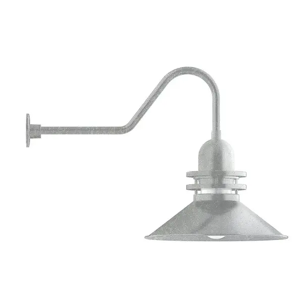 Our outdoor wall lights, inspired by 1920's industrial lighting, in classic gooseneck arm styles are great for use as sign or awning lights, garage or barn lights. This vintage look works well indoors also, our smallest sizes will illuminate a restaurant menu board, bookcase, or shelving unit. The Atomic has a great retro feel and will lighten up any space. A clear glass jar to protect bulb from the elements is a standard feature. Collection: Atomic Finish: Painted Galvanized Glass: 20 inch Atomic Notes: Option (1) A19 LED and 4-Integrated 8W, 10W, 15W, 25 Width: 20.00" Height: 24.00" Length: 36.50" Weight: 10.00 lb Extension from Wall: 36.50" Canopy: 4.625" diameter Number of Bulbs: 1 Maximum Wattage: 200.00 W Bulb Type: A19 Bulb Base: E26 Medium Light Source: Incandescent or LED equivalent Dimmable Voltage: 120.00 V Country of Origin: US Safety Listing: UL/cUL Safety Rating: Wet Dark Sky LED Manufacturer Warranty: 1-year limited warranty on the fixture.