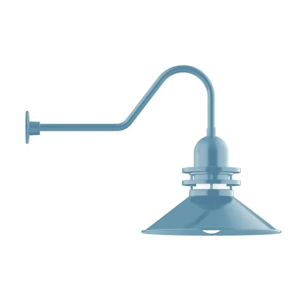 Our outdoor wall lights, inspired by 1920's industrial lighting, in classic gooseneck arm styles are great for use as sign or awning lights, garage or barn lights. This vintage look works well indoors also, our smallest sizes will illuminate a restaurant menu board, bookcase, or shelving unit. The Atomic has a great retro feel and will lighten up any space. A clear glass jar to protect bulb from the elements is a standard feature. Collection: Atomic Finish: Light Blue Glass: 20 inch Atomic Notes: Option (1) A19 LED and 4-Integrated 8W, 10W, 15W, 25 Width: 20.00" Height: 24.00" Length: 36.50" Weight: 10.00 lb Extension from Wall: 36.50" Canopy: 4.625" diameter Number of Bulbs: 1 Maximum Wattage: 200.00 W Bulb Type: A19 Bulb Base: E26 Medium Light Source: Incandescent or LED equivalent Dimmable Voltage: 120.00 V Country of Origin: US Safety Listing: UL/cUL Safety Rating: Wet Dark Sky LED Manufacturer Warranty: 1-year limited warranty on the fixture.