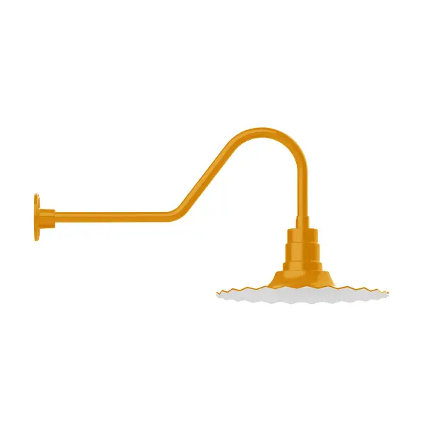Our outdoor wall lights, inspired by 1920’s industrial lighting, in classic gooseneck arm styles are great for use as sign or awning lights, garage or barn lights. This vintage look works well indoors also, our smallest sizes will illuminate a restaurant menu board, bookcase, or shelving unit. The Radial Shade is fluted to allow water to flow off its surface, suitable for seaside and non-seaside locales.
