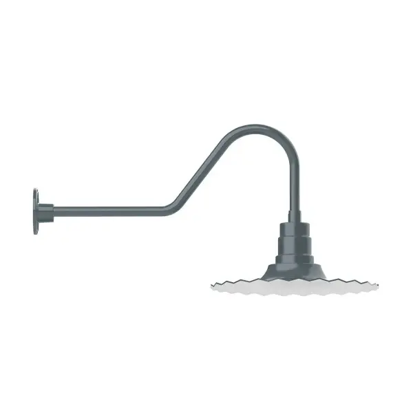 Our outdoor wall lights, inspired by 1920's industrial lighting, in classic gooseneck arm styles are great for use as sign or awning lights, garage or barn lights. This vintage look works well indoors also, our smallest sizes will illuminate a restaurant menu board, bookcase, or shelving unit. The Radial Shade is fluted to allow water to flow off its surface, suitable for seaside and non-seaside locales. Collection: Radial Finish: Slate Gray Glass: Clear Glass with Cast Guard Notes: Option (1) A19 LED and 3-Integrated 8W, 10W, 15W Width: 16.00" Height: 17.00" Length: 35.00" Weight: 5.00 lb Extension from Wall: 35.00" Canopy: 4.625" diameter Number of Bulbs: 1 Maximum Wattage: 100.00 W Bulb Type: A19 Bulb Base: E26 Medium Light Source: Incandescent or LED equivalent Dimmable Voltage: 120.00 V Country of Origin: US Safety Listing: UL/cUL Safety Rating: Wet Dark Sky LED Manufacturer Warranty: 1-year limited warranty on the fixture.