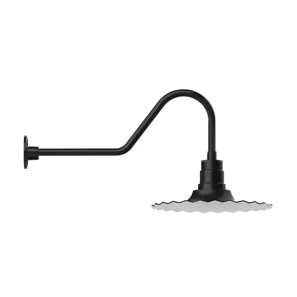 Our outdoor wall lights, inspired by 1920's industrial lighting, in classic gooseneck arm styles are great for use as sign or awning lights, garage or barn lights. This vintage look works well indoors also, our smallest sizes will illuminate a restaurant menu board, bookcase, or shelving unit. The Radial Shade is fluted to allow water to flow off its surface, suitable for seaside and non-seaside locales. Collection: Radial Finish: Black Glass: 16 inch Radial Notes: Option (1) A19 LED and 3-Integrated 8W, 10W, 15W Width: 16.00" Height: 17.00" Length: 35.00" Weight: 5.00 lb Extension from Wall: 35.00" Canopy: 4.625" diameter Number of Bulbs: 1 Maximum Wattage: 100.00 W Bulb Type: A19 Bulb Base: E26 Medium Light Source: Incandescent or LED equivalent Dimmable Voltage: 120.00 V Country of Origin: US Safety Listing: UL/cUL Safety Rating: Wet Dark Sky LED Manufacturer Warranty: 1-year limited warranty on the fixture.