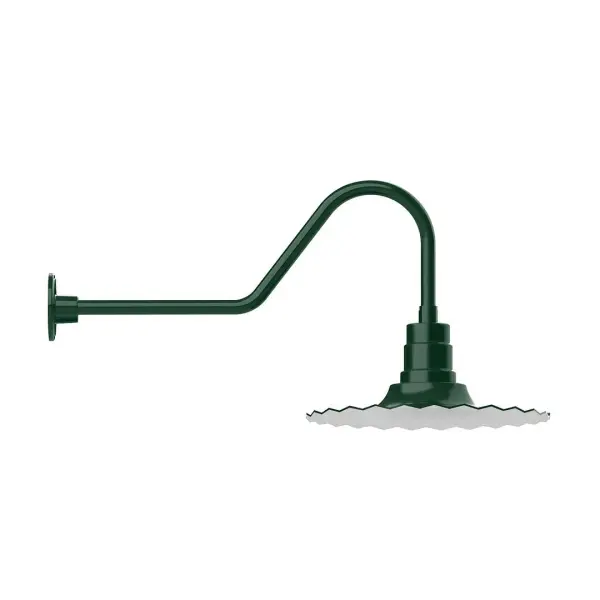 Our outdoor wall lights, inspired by 1920's industrial lighting, in classic gooseneck arm styles are great for use as sign or awning lights, garage or barn lights. This vintage look works well indoors also, our smallest sizes will illuminate a restaurant menu board, bookcase, or shelving unit. The Radial Shade is fluted to allow water to flow off its surface, suitable for seaside and non-seaside locales. Collection: Radial Finish: Forest Green Glass: Clear Glass with Cast Guard Notes: Option (1) A19 LED and 3-Integrated 8W, 10W, 15W Width: 16.00" Height: 17.00" Length: 35.00" Weight: 5.00 lb Extension from Wall: 35.00" Canopy: 4.625" diameter Number of Bulbs: 1 Maximum Wattage: 100.00 W Bulb Type: A19 Bulb Base: E26 Medium Light Source: Incandescent or LED equivalent Dimmable Voltage: 120.00 V Country of Origin: US Safety Listing: UL/cUL Safety Rating: Wet Dark Sky LED Manufacturer Warranty: 1-year limited warranty on the fixture.