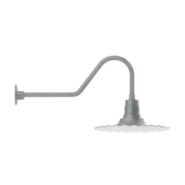 Our outdoor wall lights, inspired by 1920's industrial lighting, in classic gooseneck arm styles are great for use as sign or awning lights, garage or barn lights. This vintage look works well indoors also, our smallest sizes will illuminate a restaurant menu board, bookcase, or shelving unit. The Radial Shade is fluted to allow water to flow off its surface, suitable for seaside and non-seaside locales. Collection: Radial Finish: Painted Galvanized Glass: 16 inch Radial Notes: Option (1) A19 LED and 3-Integrated 8W, 10W, 15W Width: 16.00" Height: 17.00" Length: 35.00" Weight: 5.00 lb Extension from Wall: 35.00" Canopy: 4.625" diameter Number of Bulbs: 1 Maximum Wattage: 100.00 W Bulb Type: A19 Bulb Base: E26 Medium Light Source: Incandescent or LED equivalent Dimmable Voltage: 120.00 V Country of Origin: US Safety Listing: UL/cUL Safety Rating: Wet Dark Sky LED Manufacturer Warranty: 1-year limited warranty on the fixture.